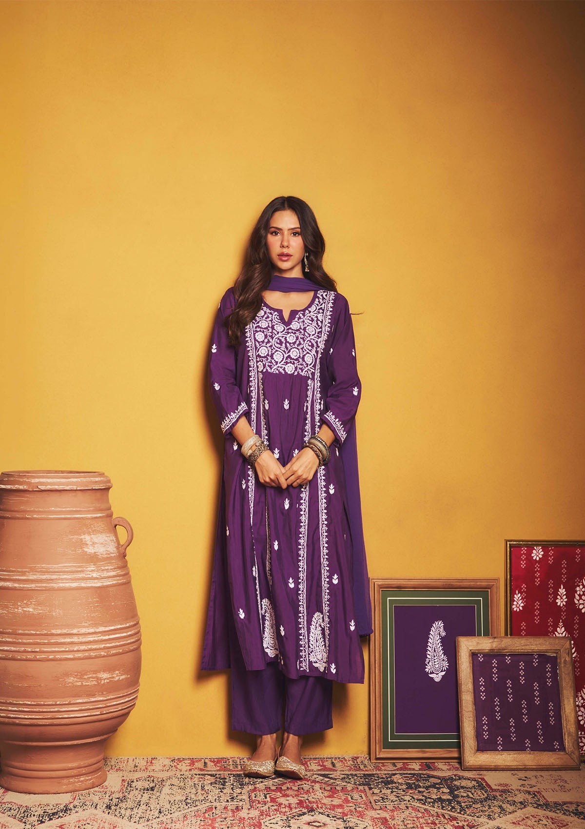 Sonam Purple Chanderi Chikankari Kurta Set With Dupatta