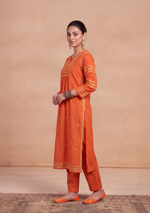 HOC Adila Chikankari Solid Women's Long Kurta - Orange