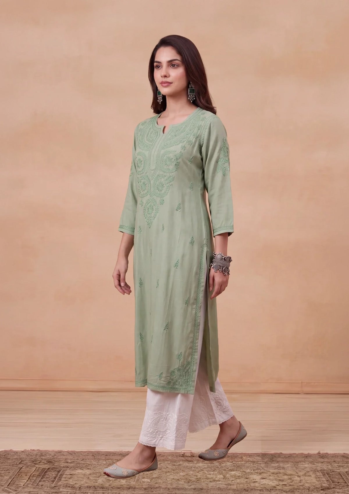 HOC Rayon Chikankari Solid Women's Long Kurta - Jade Green