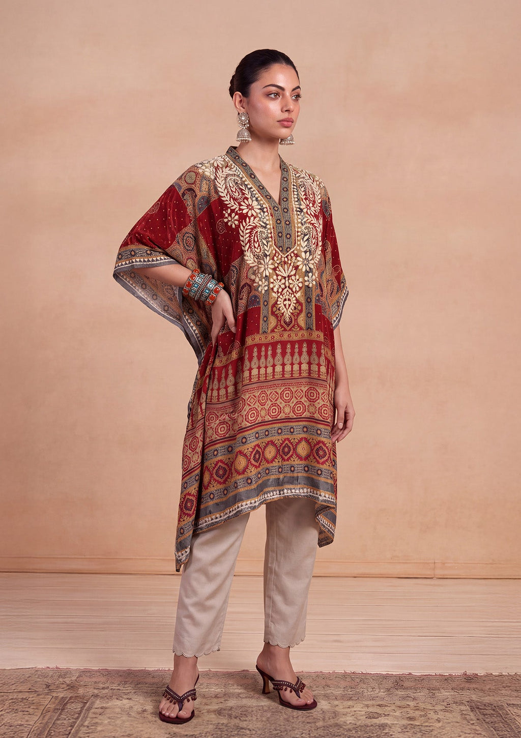 HOC Crepe Chikankari Printed Straight Women's Short Kaftan-Rust