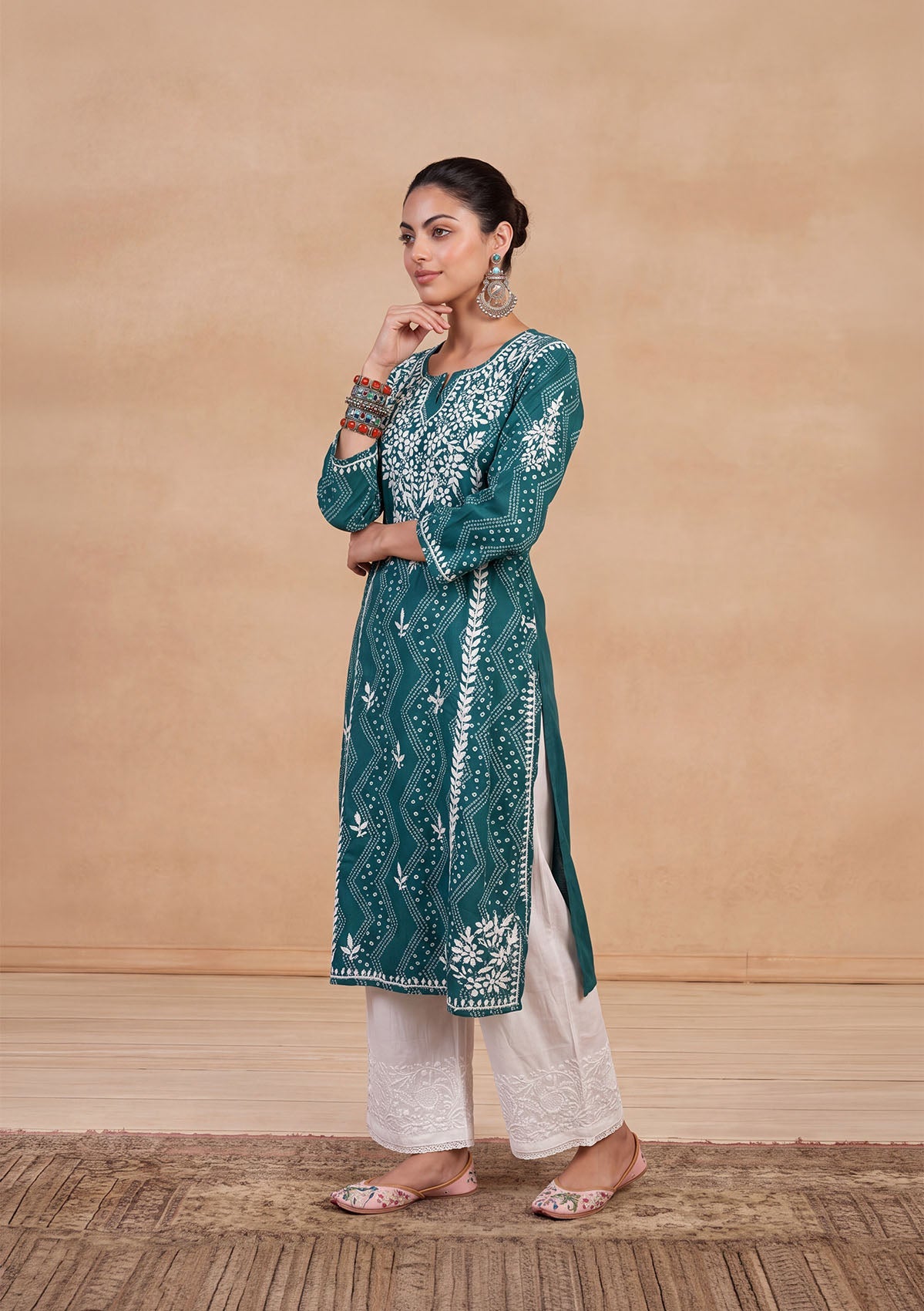 HOC Jugni Mulmul Chikankari Printed Women's Long Kurta - Teal