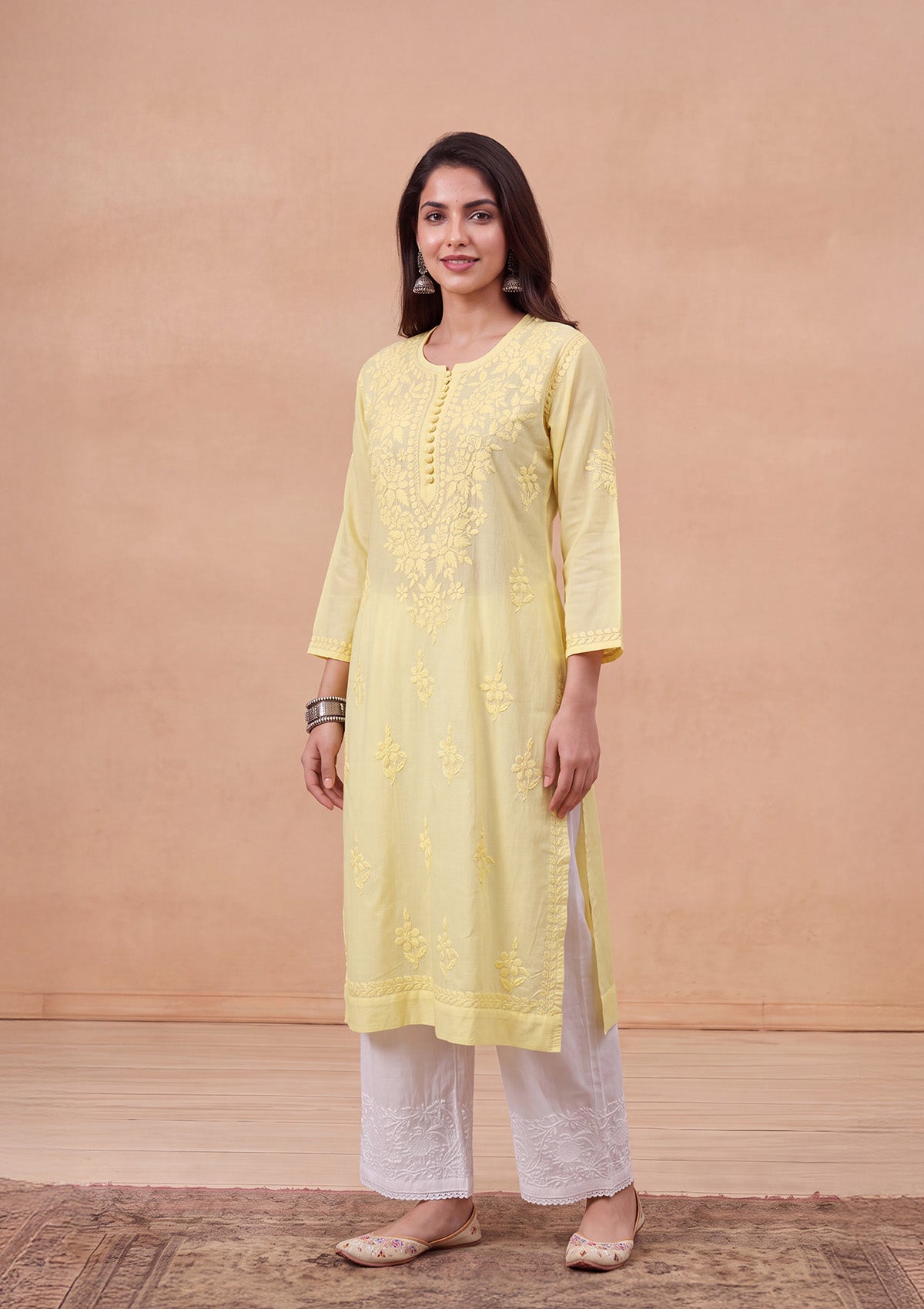 HOC Women Yellow Cotton Chikankari Kurta