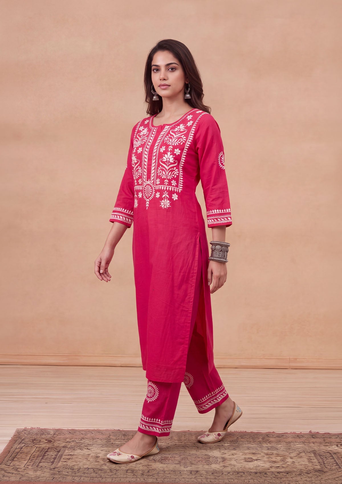 HOC Soha Cotton Chikankari Solid Women's 2 PC Long Kurta Set - Fuchsia Pink