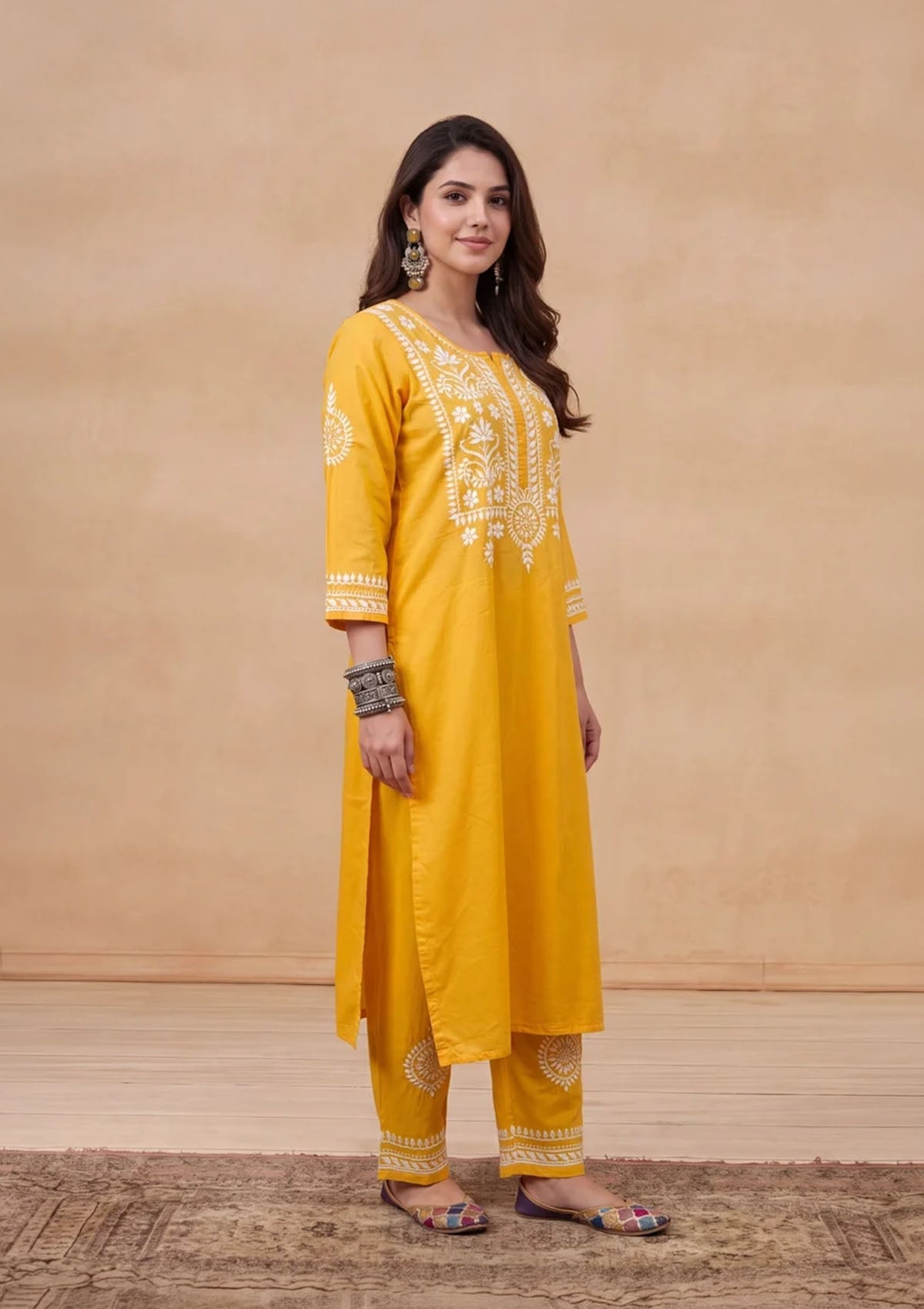HOC Soha Cotton Chikankari Solid Women's 2 PC Long Kurta Set - Yellow