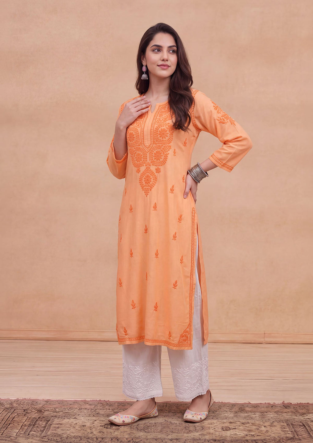 HOC Rayon Chikankari Solid Women's Long Kurta - Peach