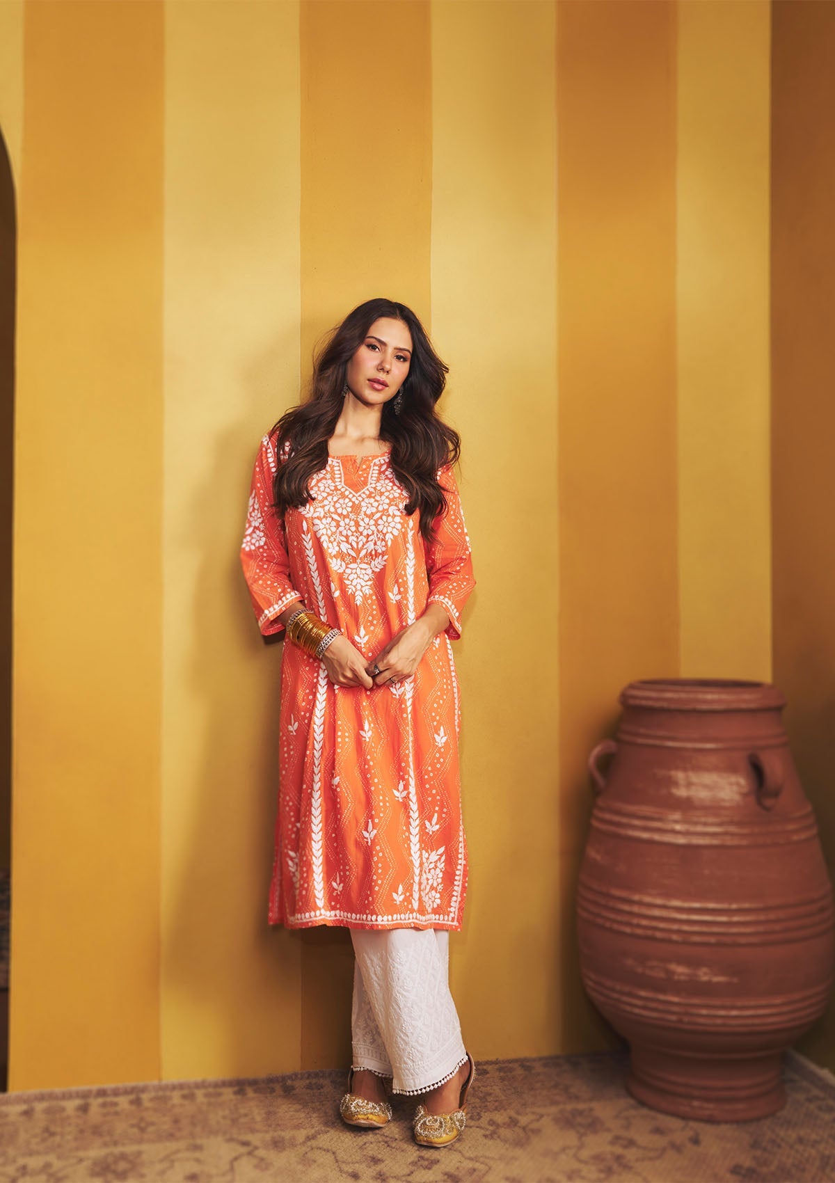 Sonam Orange Chikankari Long Kurta