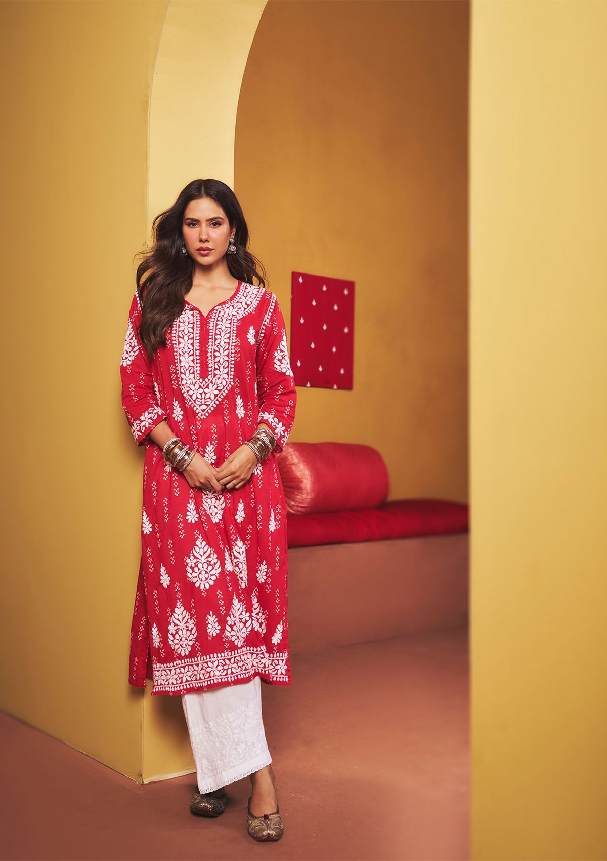 Sonam Red Mulmul Chikankari Kurta