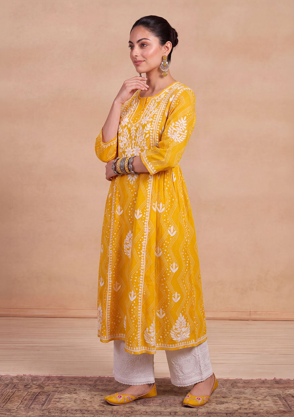 HOC Jugni Mulmul Chikankari Printed Women's Gown - Yellow