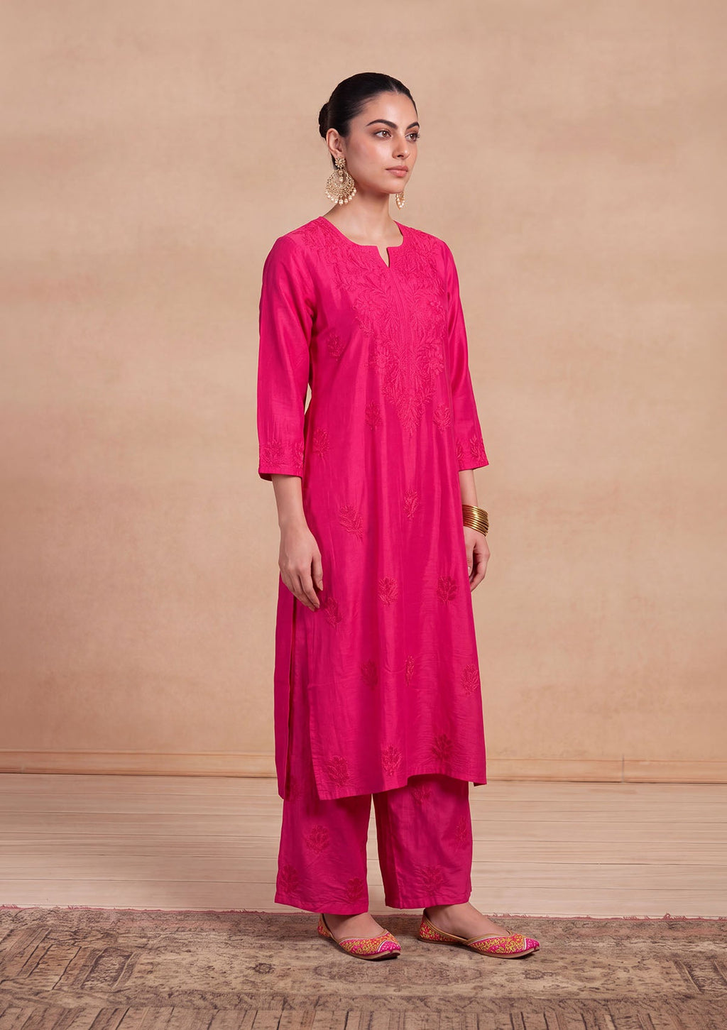 HOC Chanderi Chikankari Solid Women's 2 PC Long Kurta Set - Fuchsia Pink