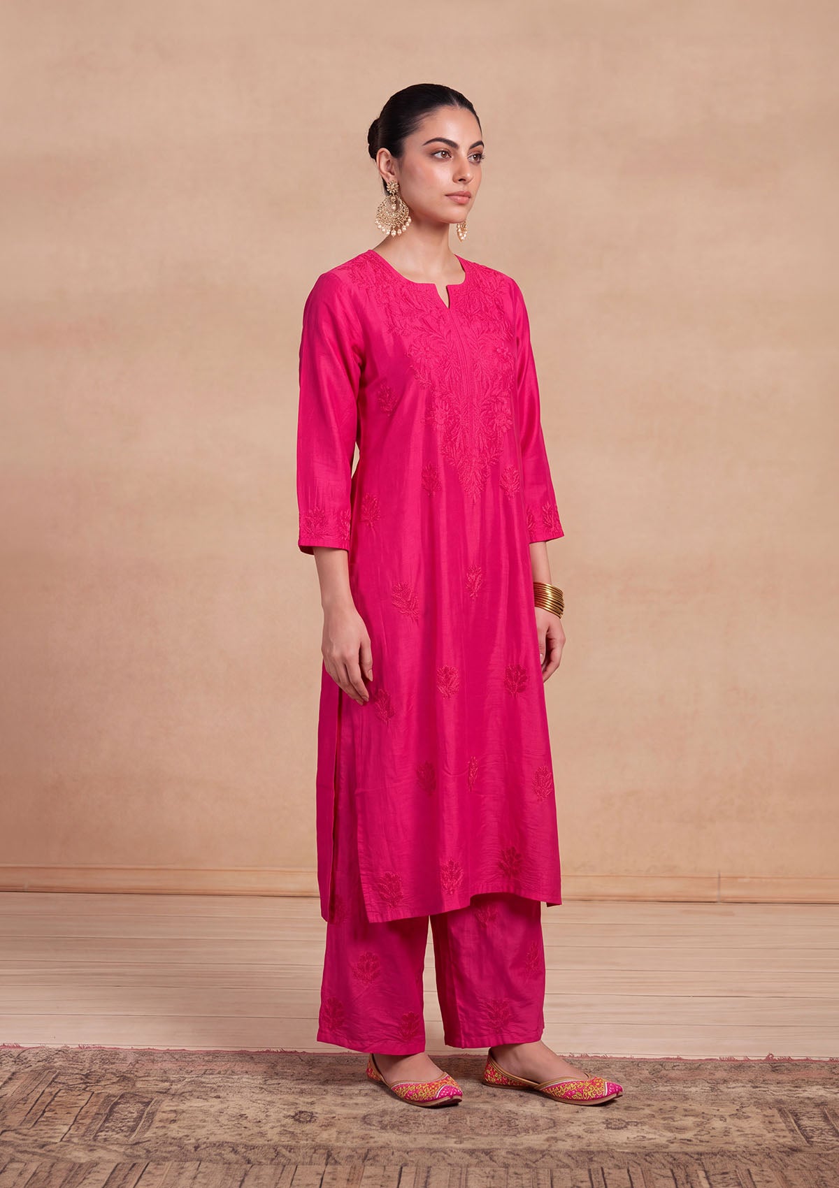 HOC Chanderi Chikankari Solid Women's 2 PC Long Kurta Set - Fuchsia Pink