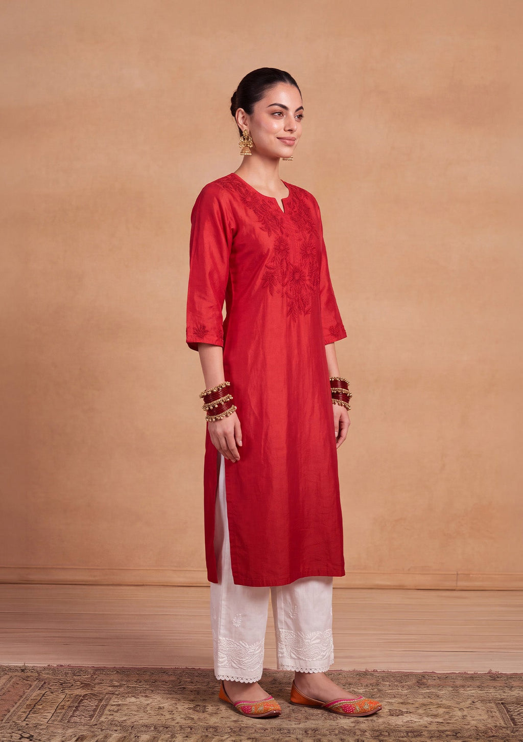 HOC Chikankari Ombre Women's Long Kurta -Red