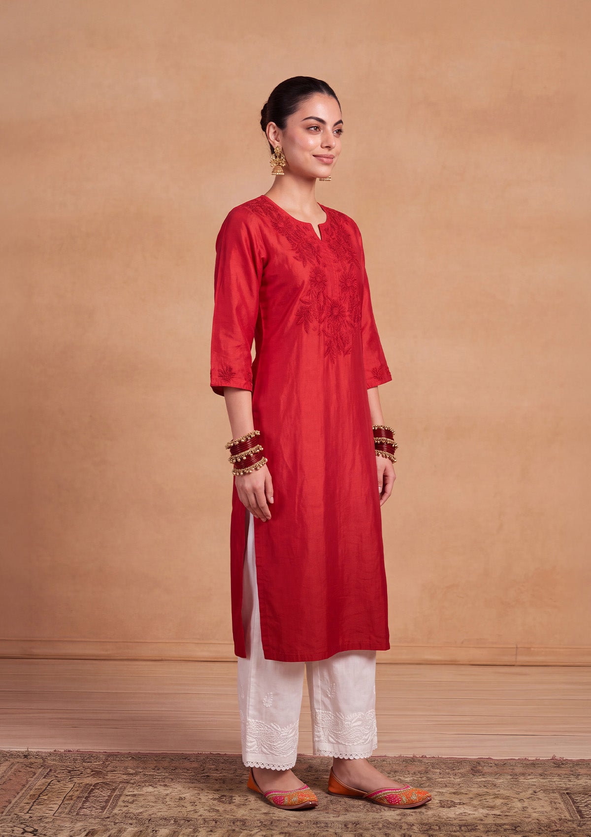 HOC Chikankari Ombre Women's Long Kurta -Red