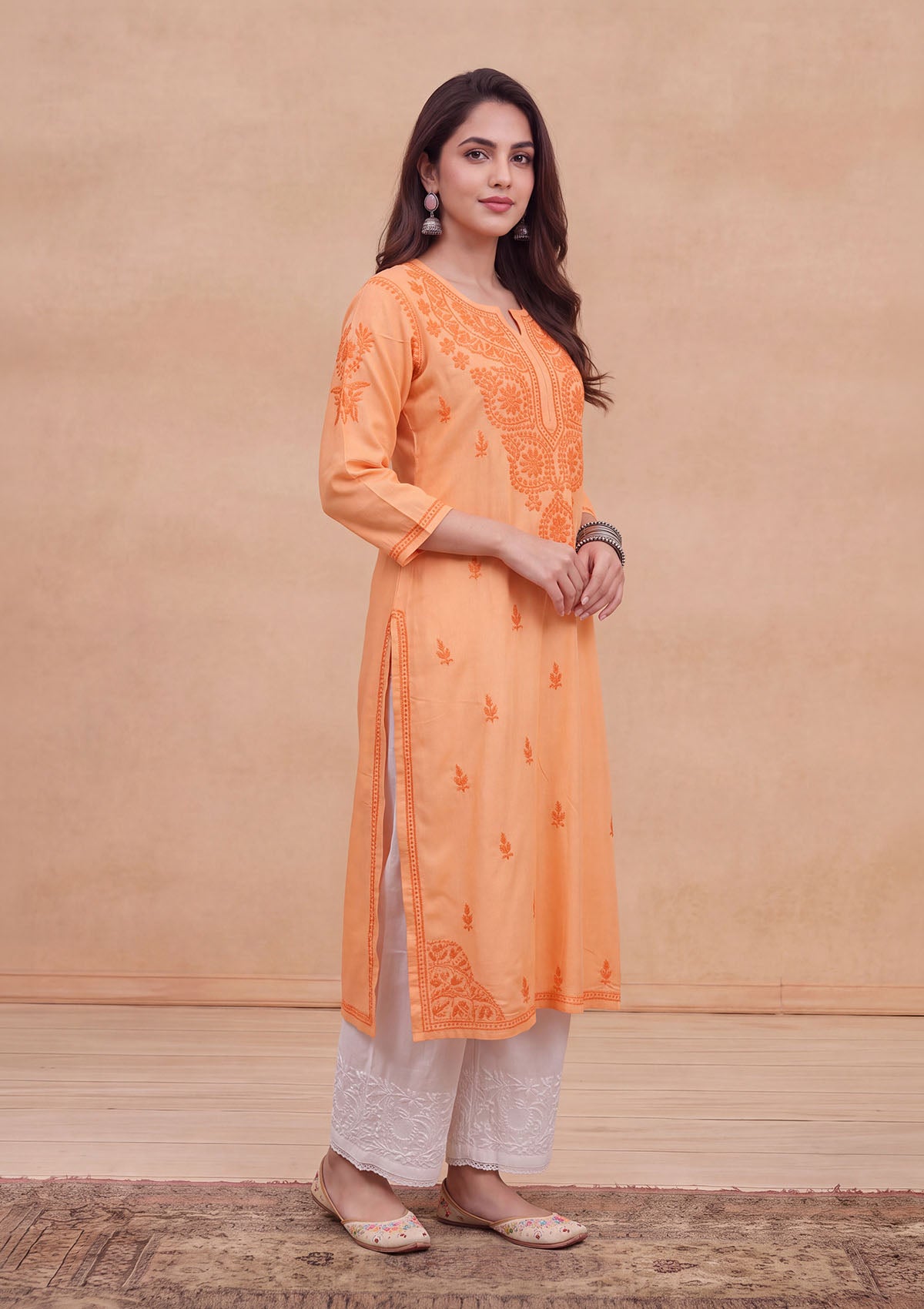 HOC Rayon Chikankari Solid Women's Long Kurta - Peach