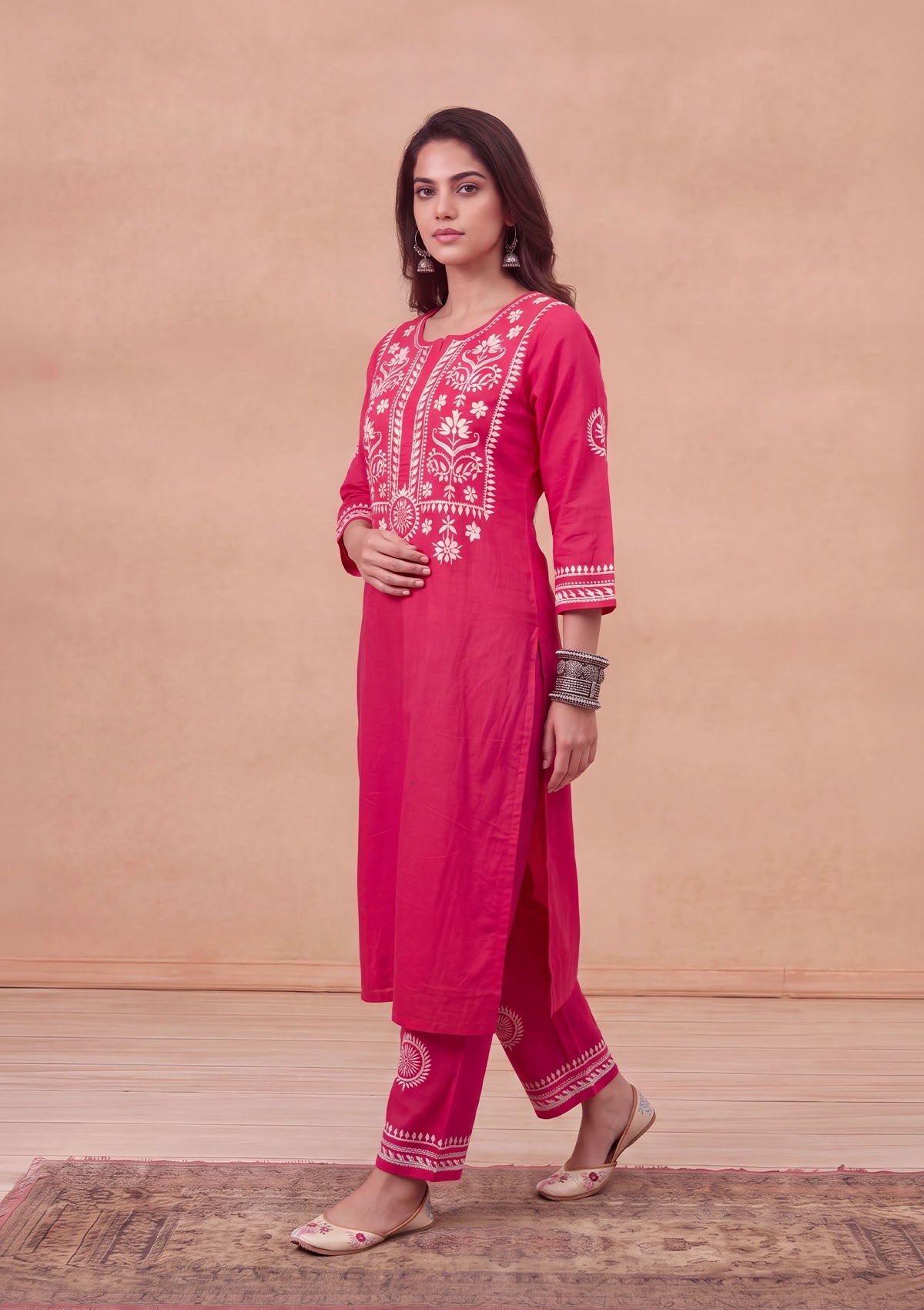 HOC Soha Cotton Chikankari Solid Women's 2 PC Long Kurta Set - Fuchsia Pink