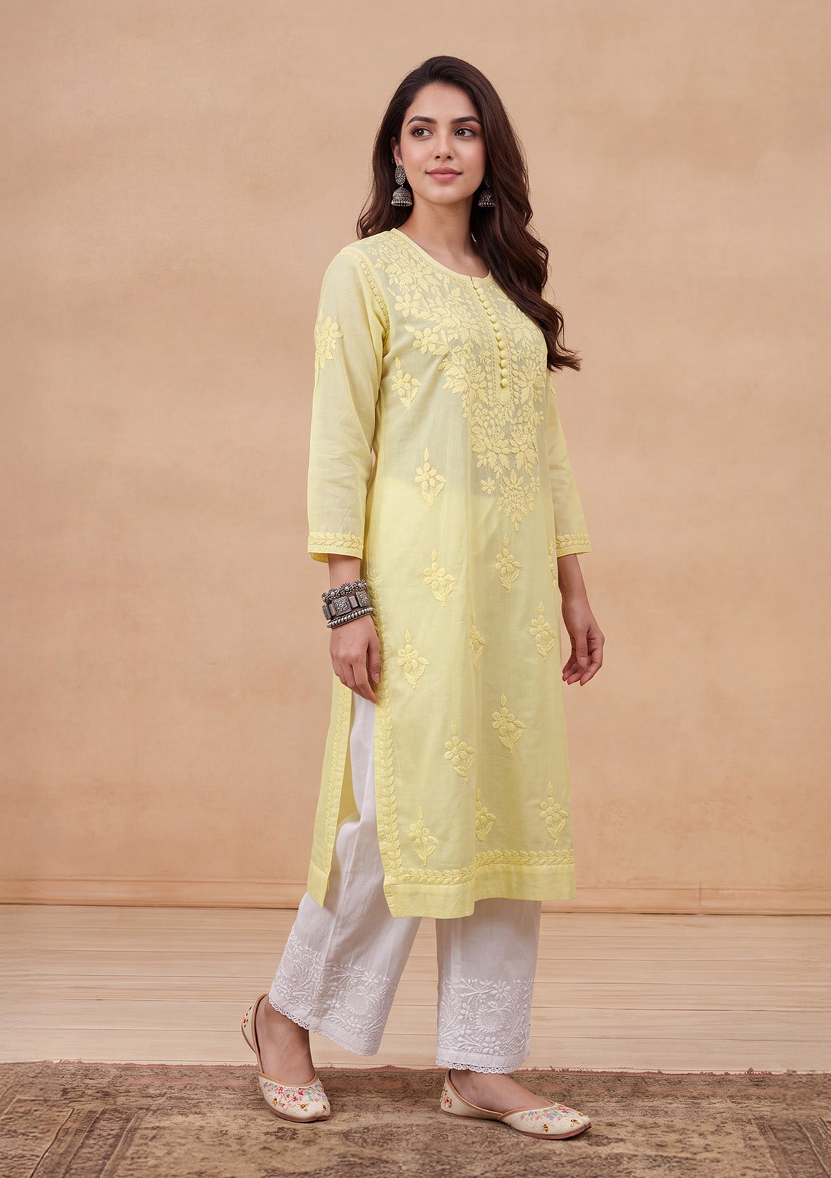 HOC Women Yellow Cotton Chikankari Kurta