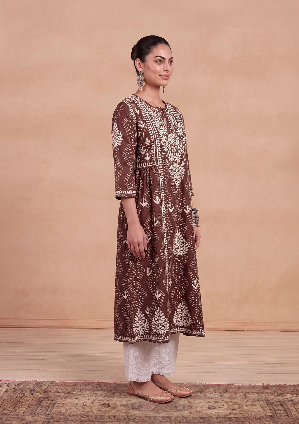 HOC Jugni Mulmul Chikankari Printed Women's Gown - Brown