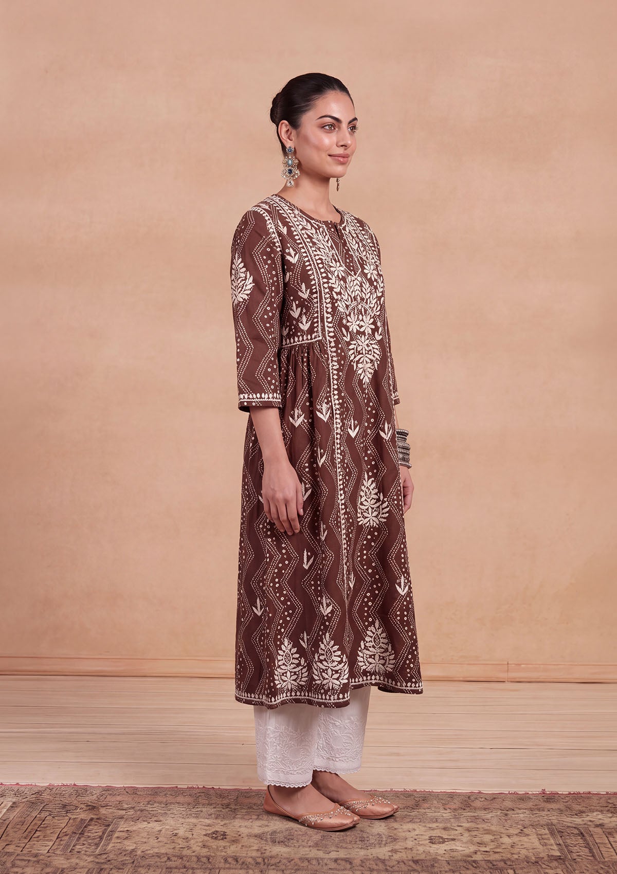 HOC Jugni Mulmul Chikankari Printed Women's Gown - Brown