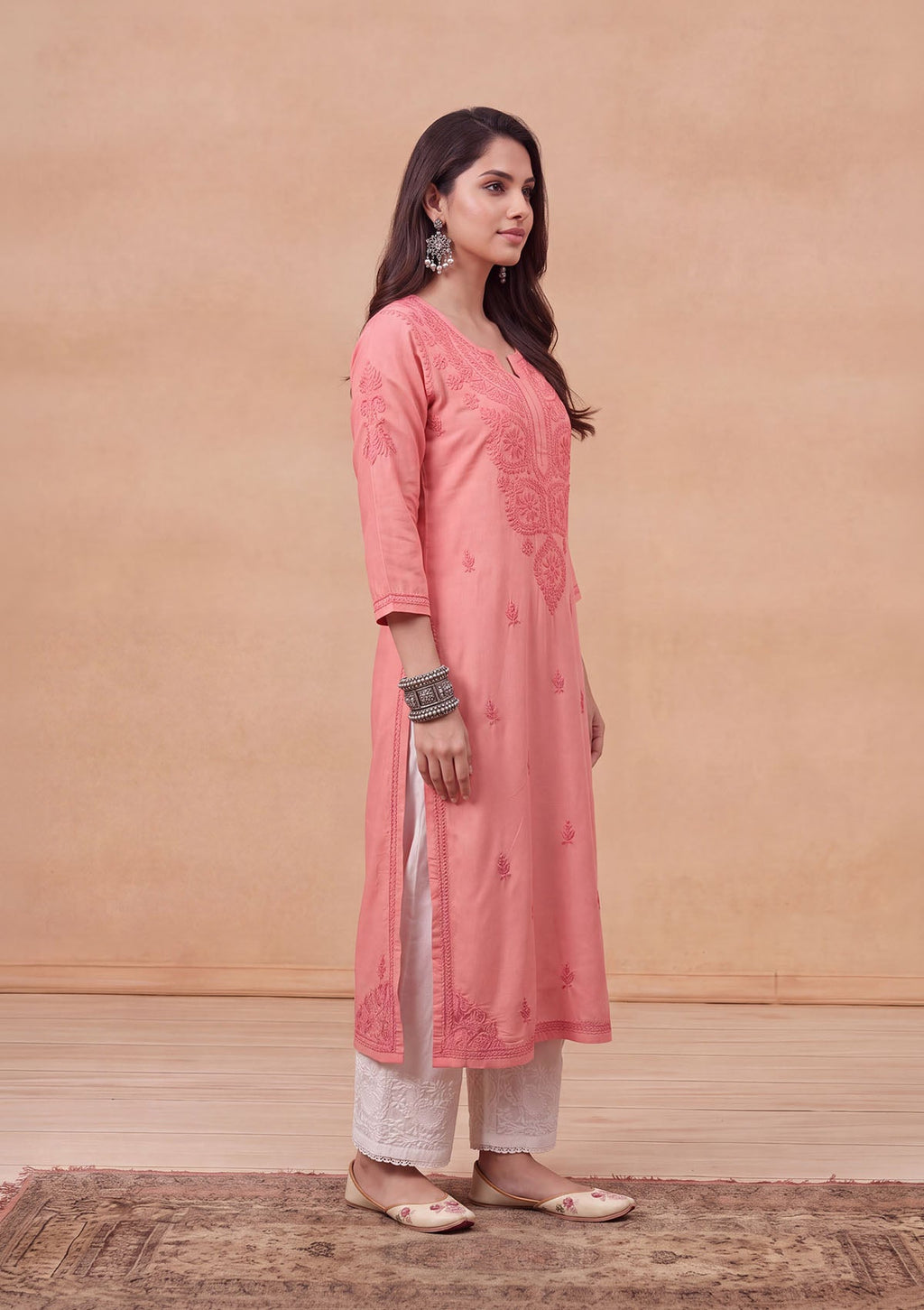 HOC Rayon Chikankari Solid Women's Long Kurta - Light Pink