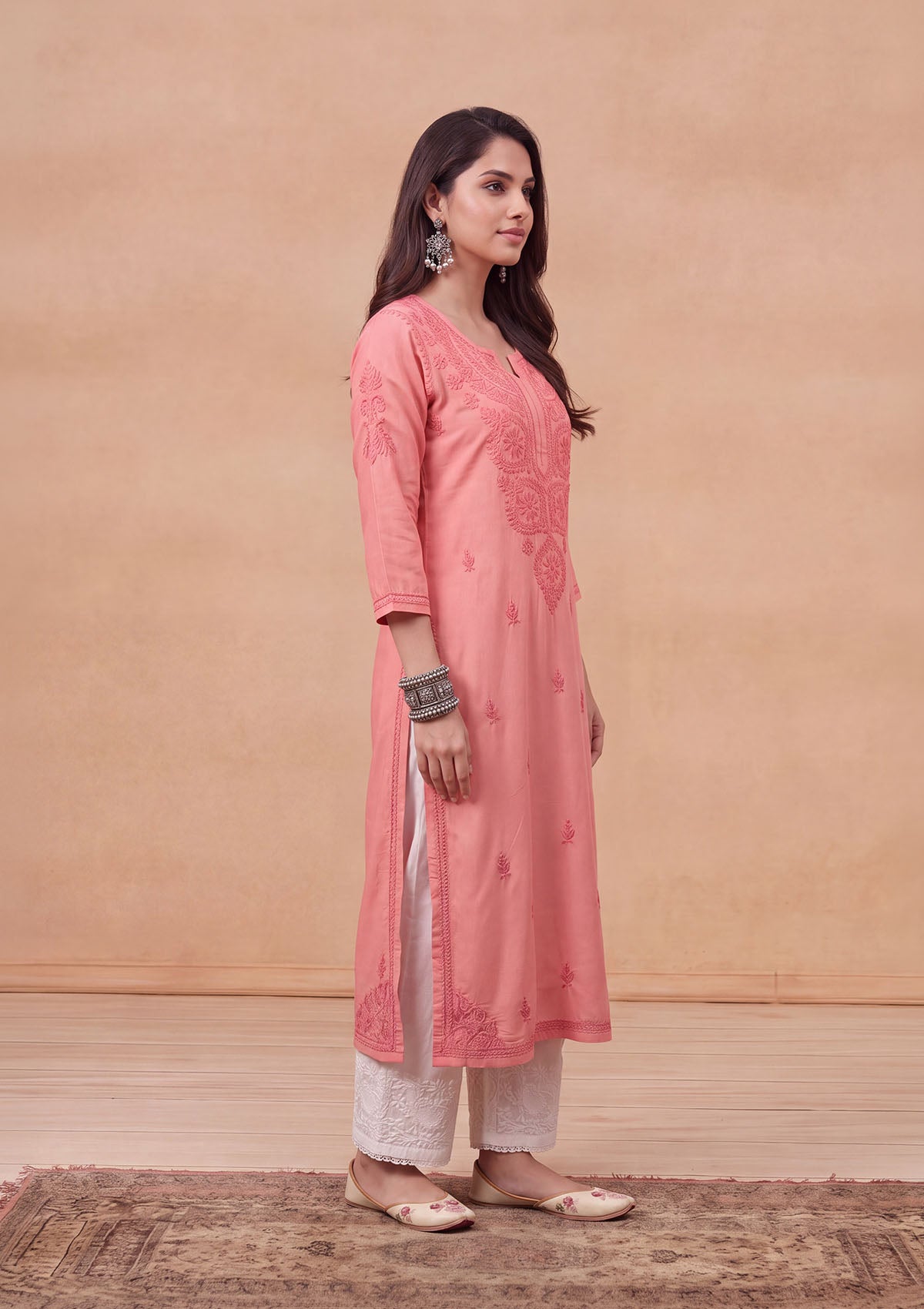 HOC Rayon Chikankari Solid Women's Long Kurta - Light Pink