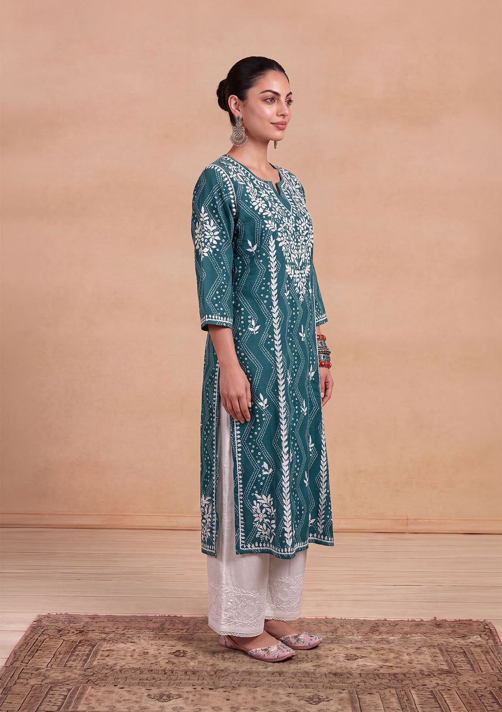 HOC Jugni Mulmul Chikankari Printed Women's Long Kurta - Teal