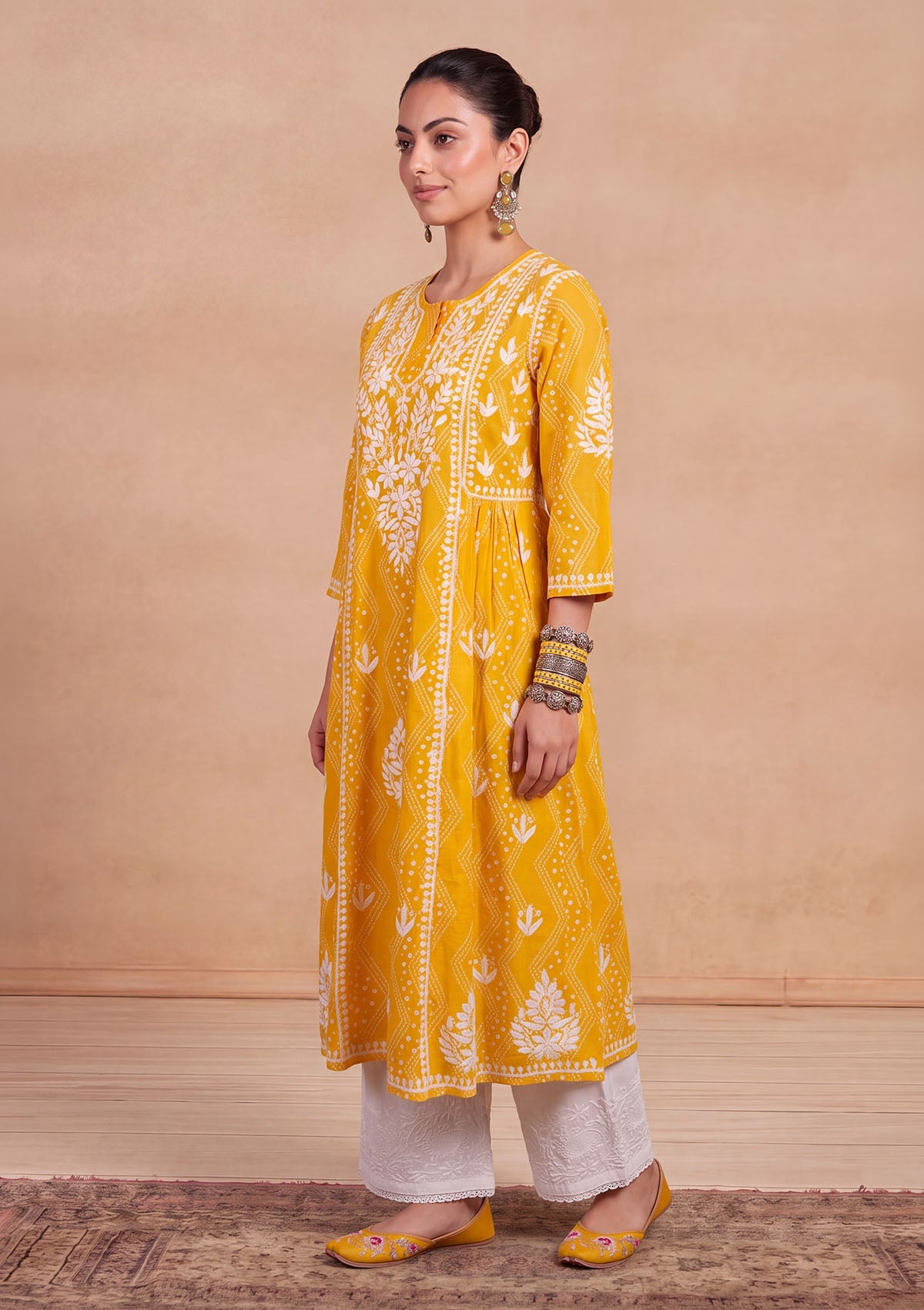 HOC Jugni Mulmul Chikankari Printed Women's Gown - Yellow