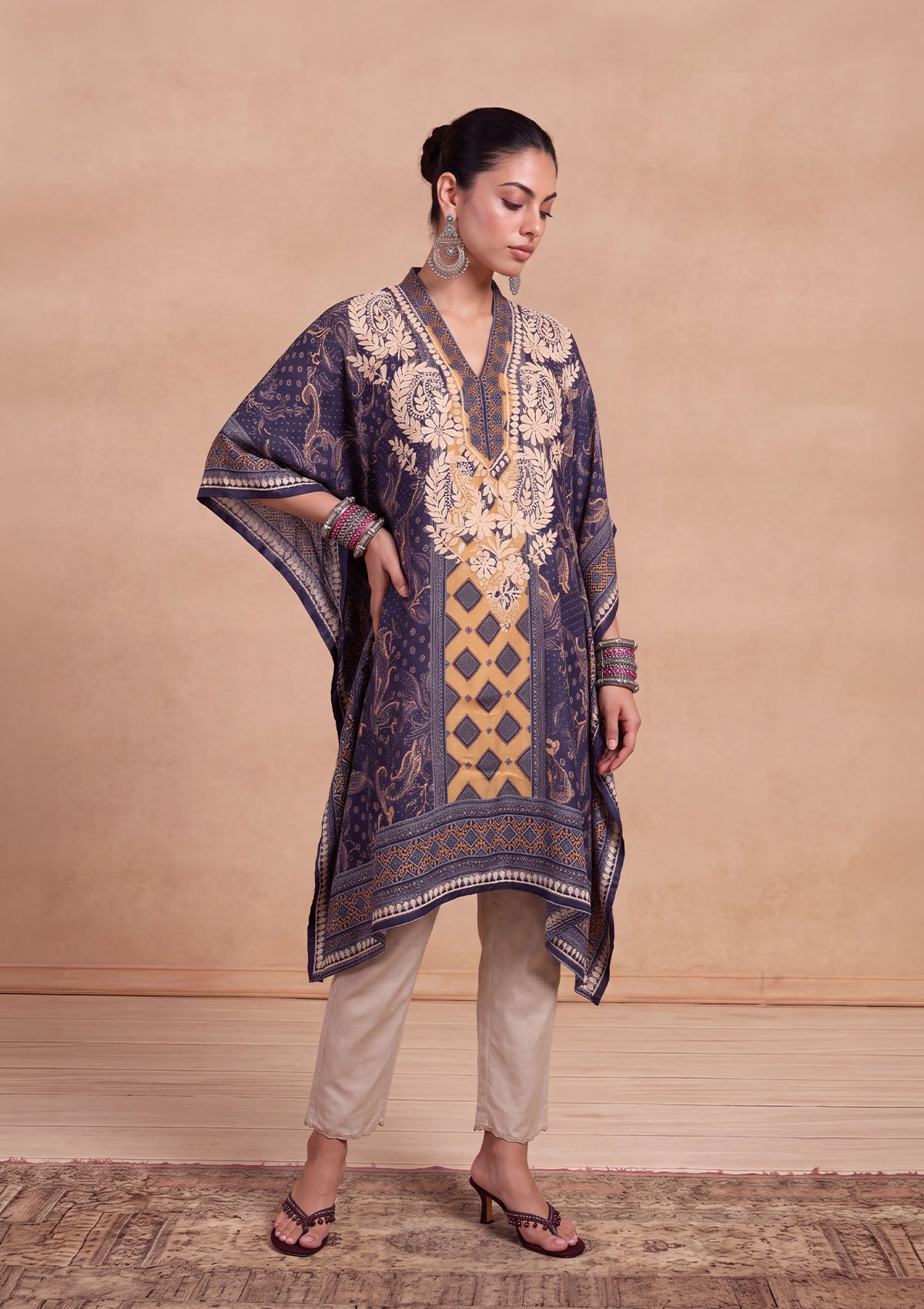 HOC Women Purple Crepe Chikankari Short Kaftan