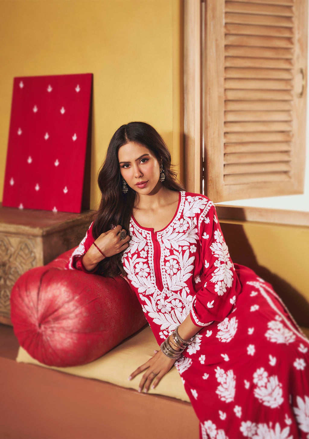 Sonam Red Chikankari Long Kurta Set