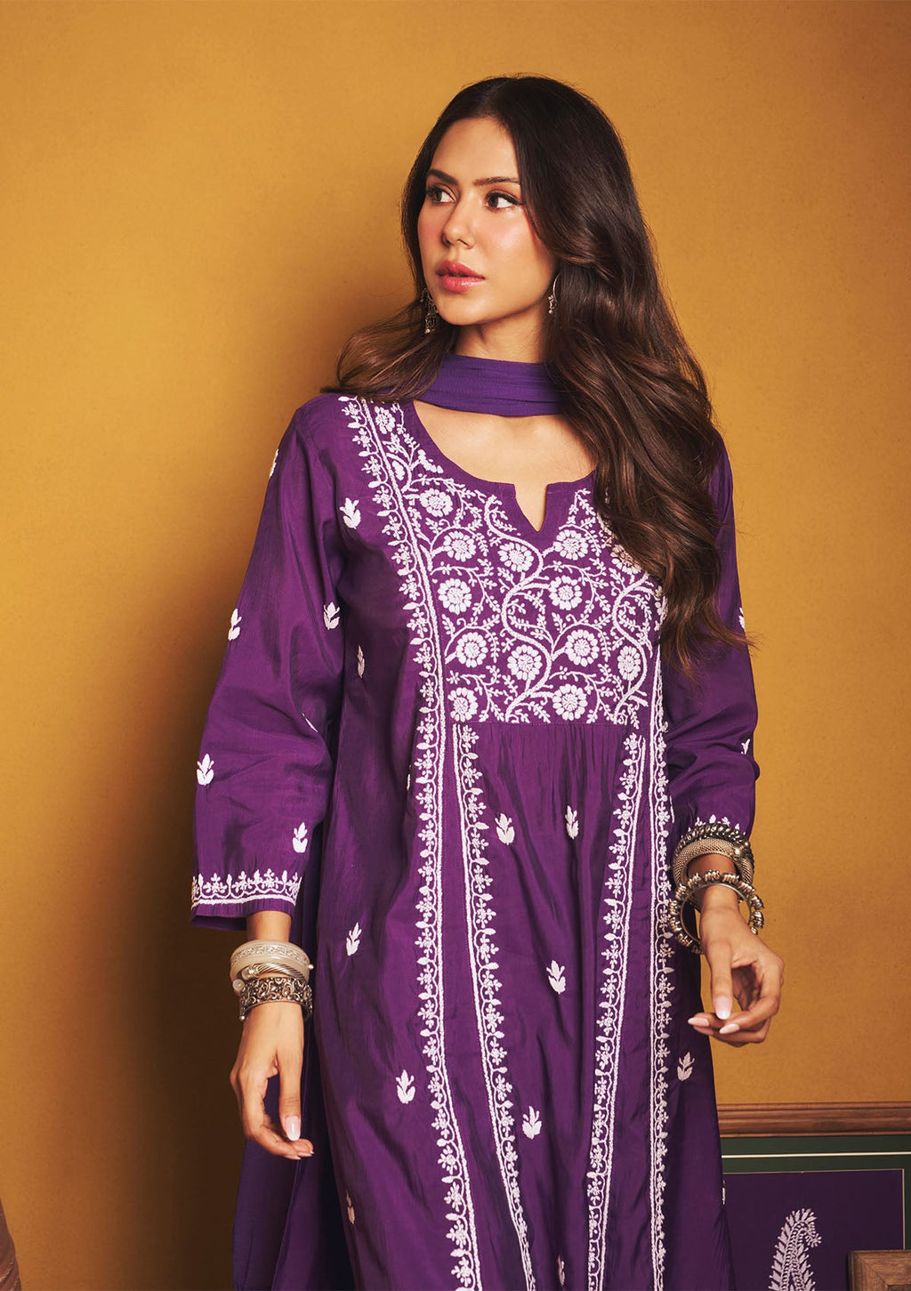 Sonam Purple Chanderi Chikankari Kurta Set With Dupatta