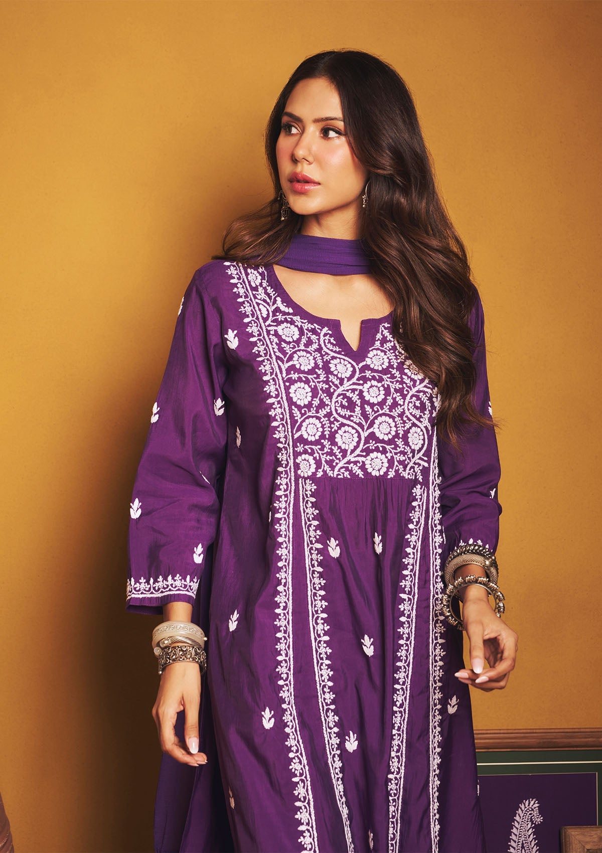 Sonam Purple Chanderi Chikankari Kurta Set With Dupatta