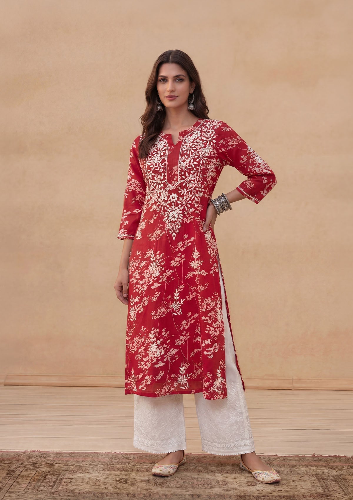 Zainab Mulmul Chikankari Printed Straight Kurta - Red