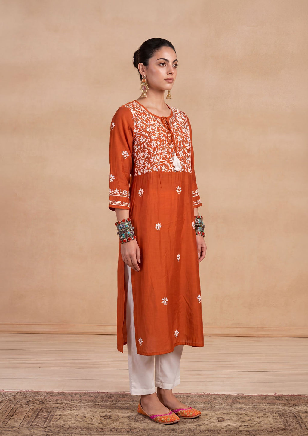 HOC Women Orange Chanderi Chikankari Kurta