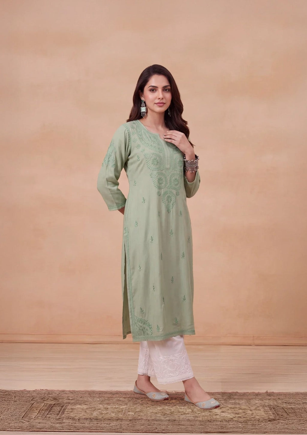 HOC Rayon Chikankari Solid Women's Long Kurta - Jade Green