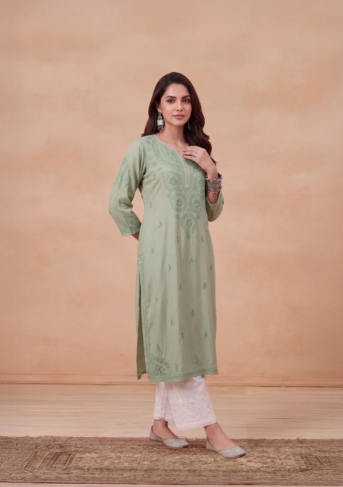 HOC Rayon Chikankari Solid Women's Long Kurta - Jade Green