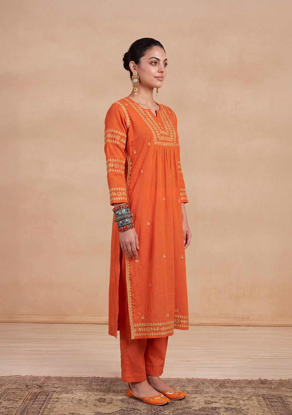 HOC Adila Chikankari Solid Women's Long Kurta - Orange