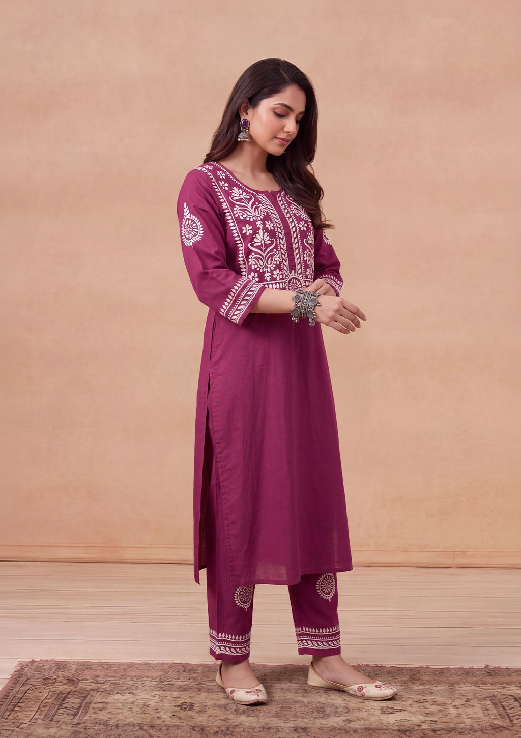 HOC Soha Cotton Chikankari Solid Women's 2 PC Long Kurta Set - Maroon