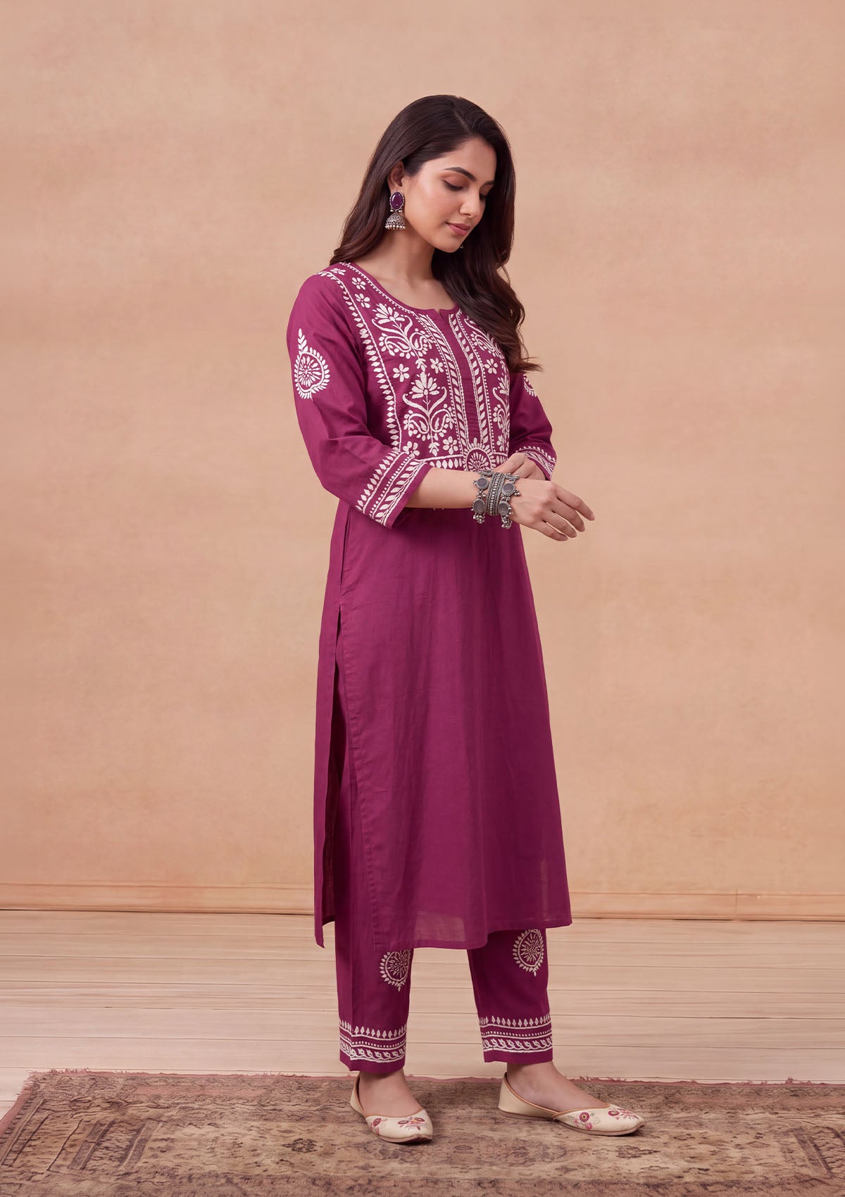 HOC Soha Cotton Chikankari Solid Women's 2 PC Long Kurta Set - Maroon