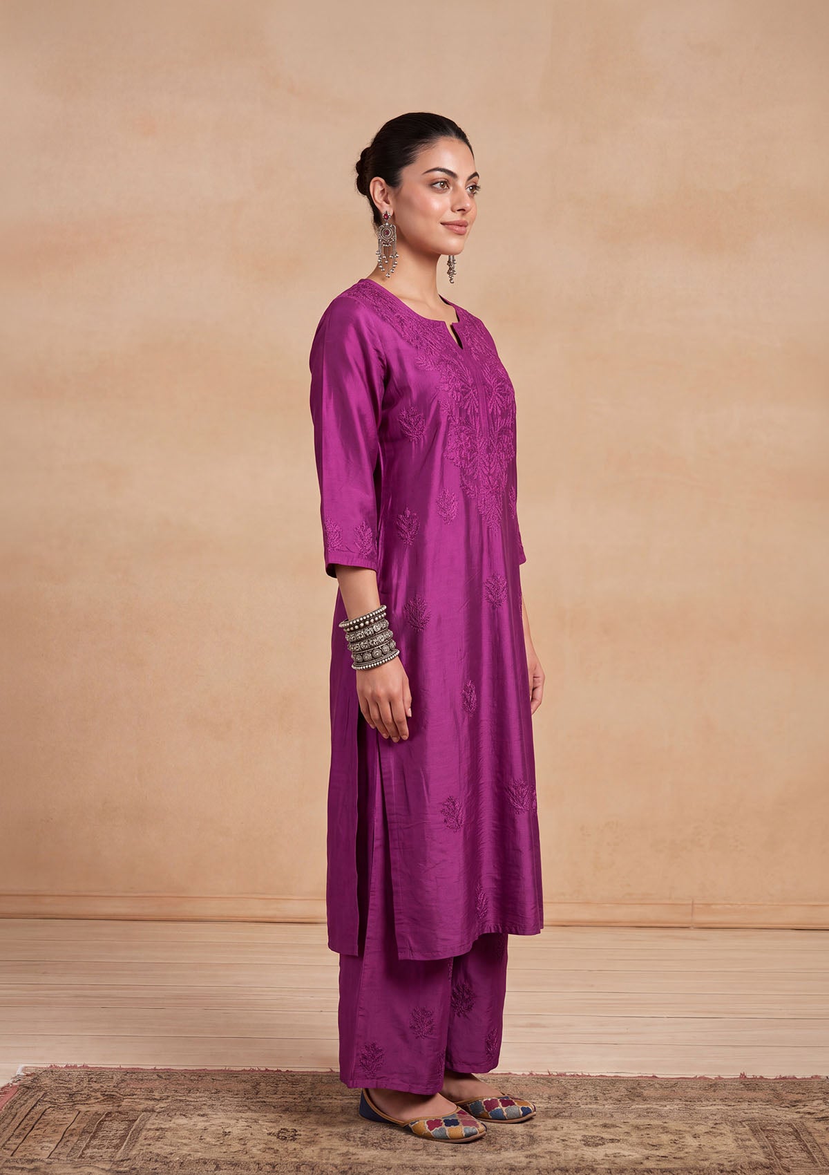 HOC Chanderi Chikankari Solid Women's 2 PC Long Kurta Set - Purple