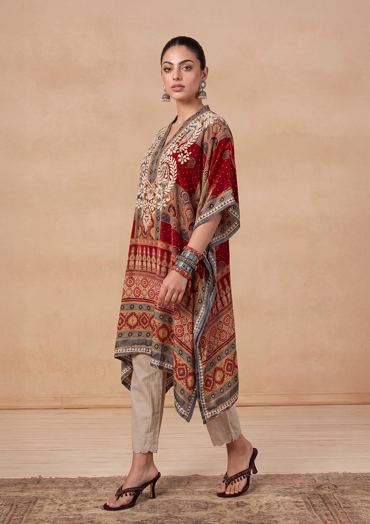 HOC Crepe Chikankari Printed Straight Women's Short Kaftan-Rust