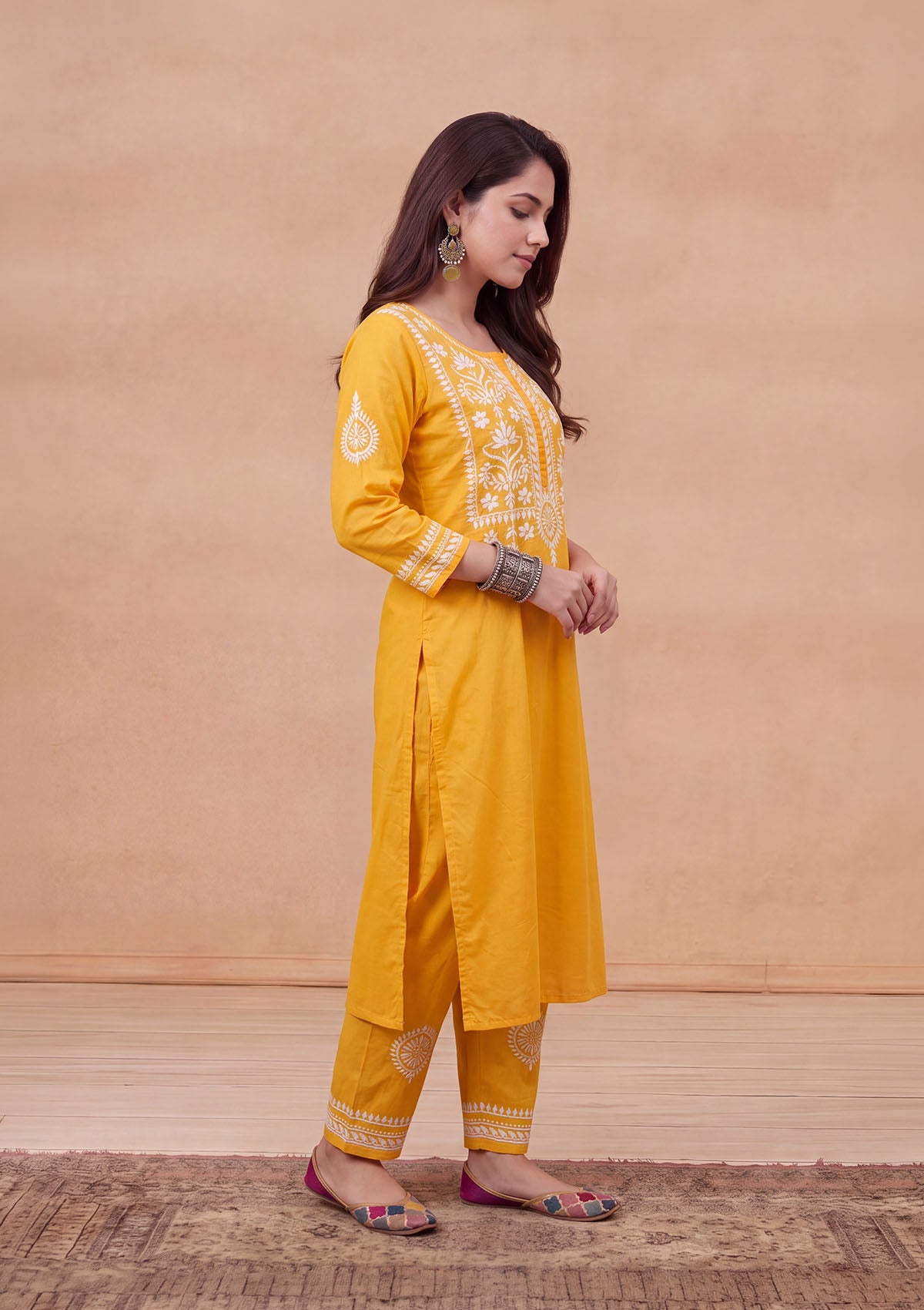 HOC Soha Cotton Chikankari Solid Women's 2 PC Long Kurta Set - Yellow