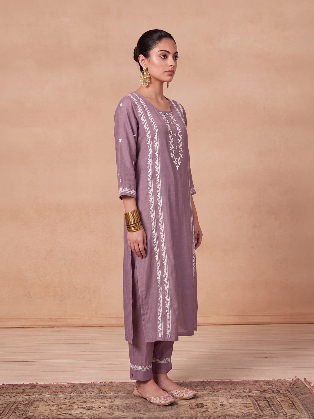 HOC Chanderi Chikankari Solid Women's 2 PC Long Kurta Set - Lavender