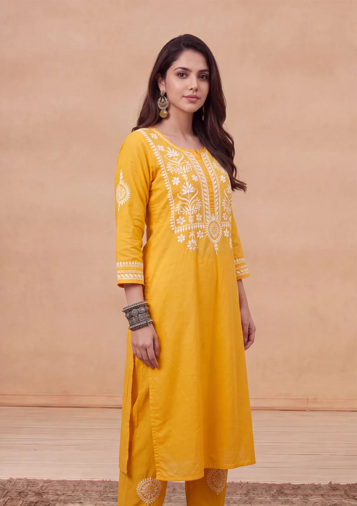 HOC Soha Cotton Chikankari Solid Women's 2 PC Long Kurta Set - Yellow
