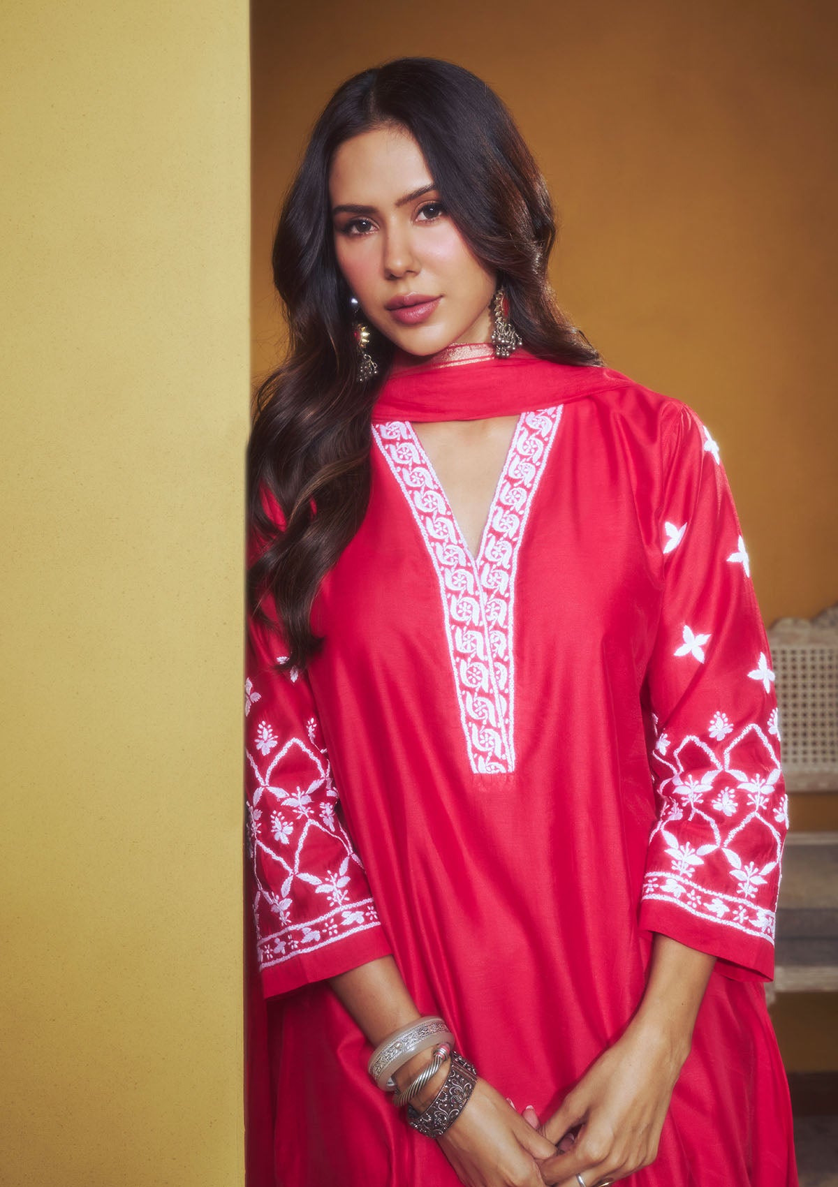 Sonam Red Chanderi Chikankari Kurta Set with Dupatta