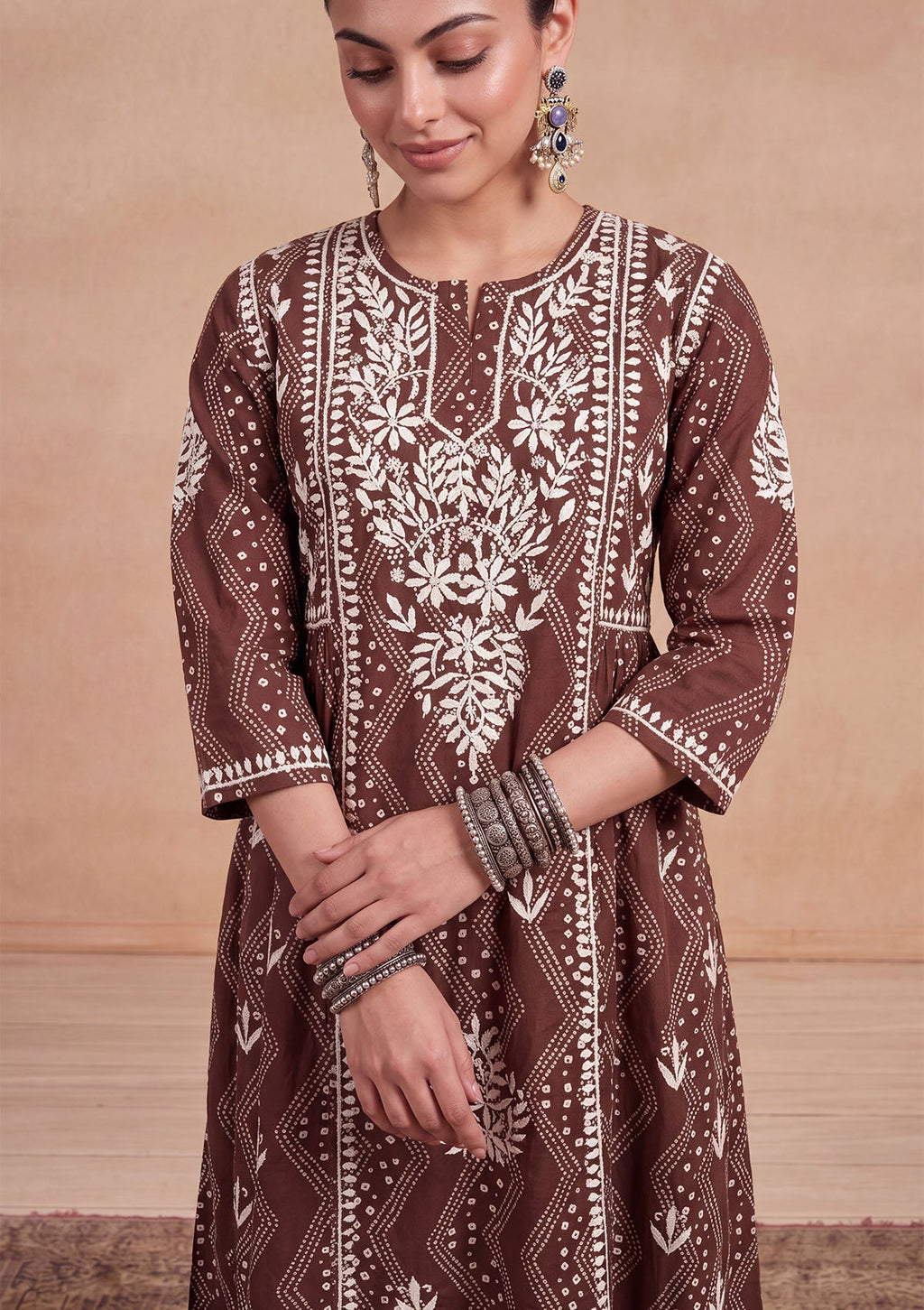 HOC Jugni Mulmul Chikankari Printed Women's Gown - Brown