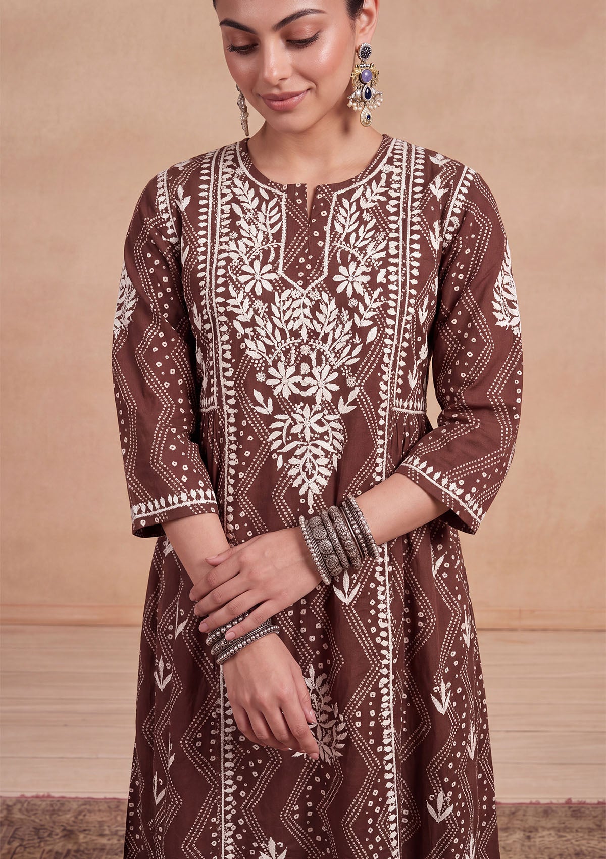 HOC Jugni Mulmul Chikankari Printed Women's Gown - Brown