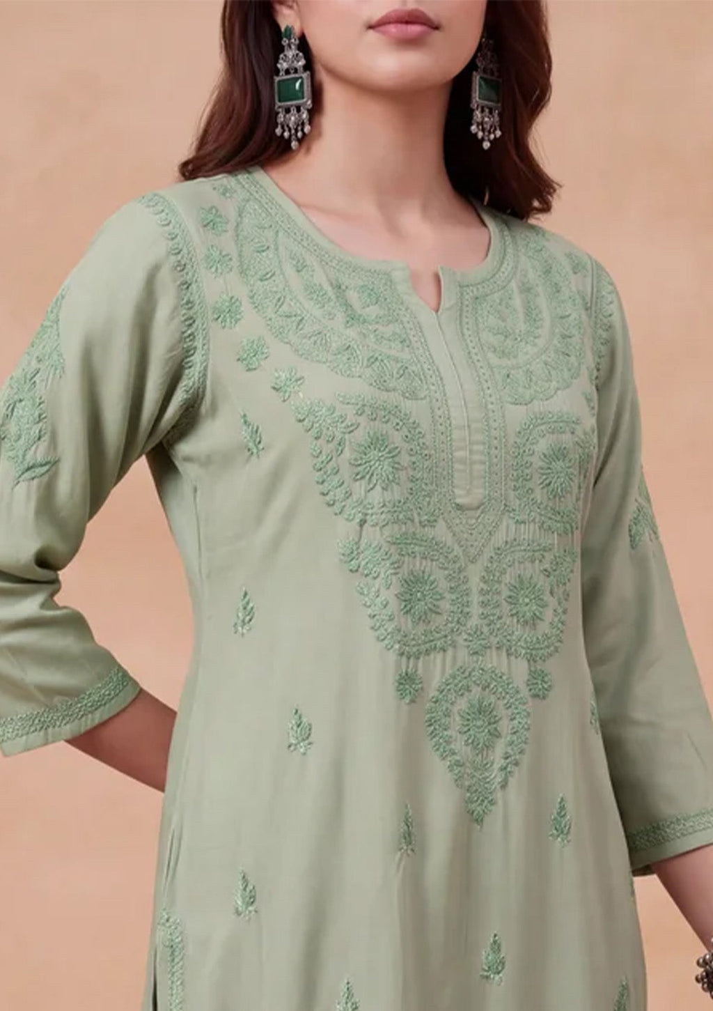 HOC Rayon Chikankari Solid Women's Long Kurta - Jade Green