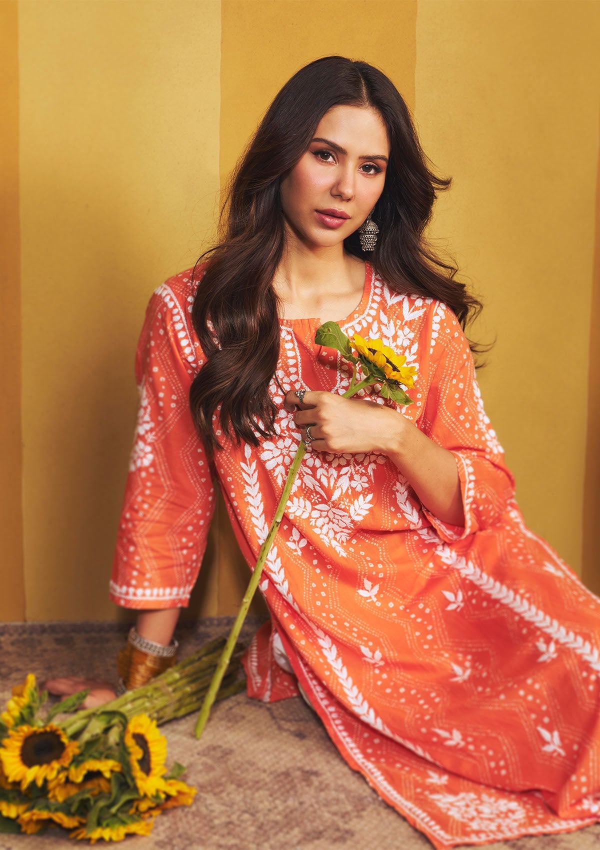 Sonam Orange Chikankari Long Kurta