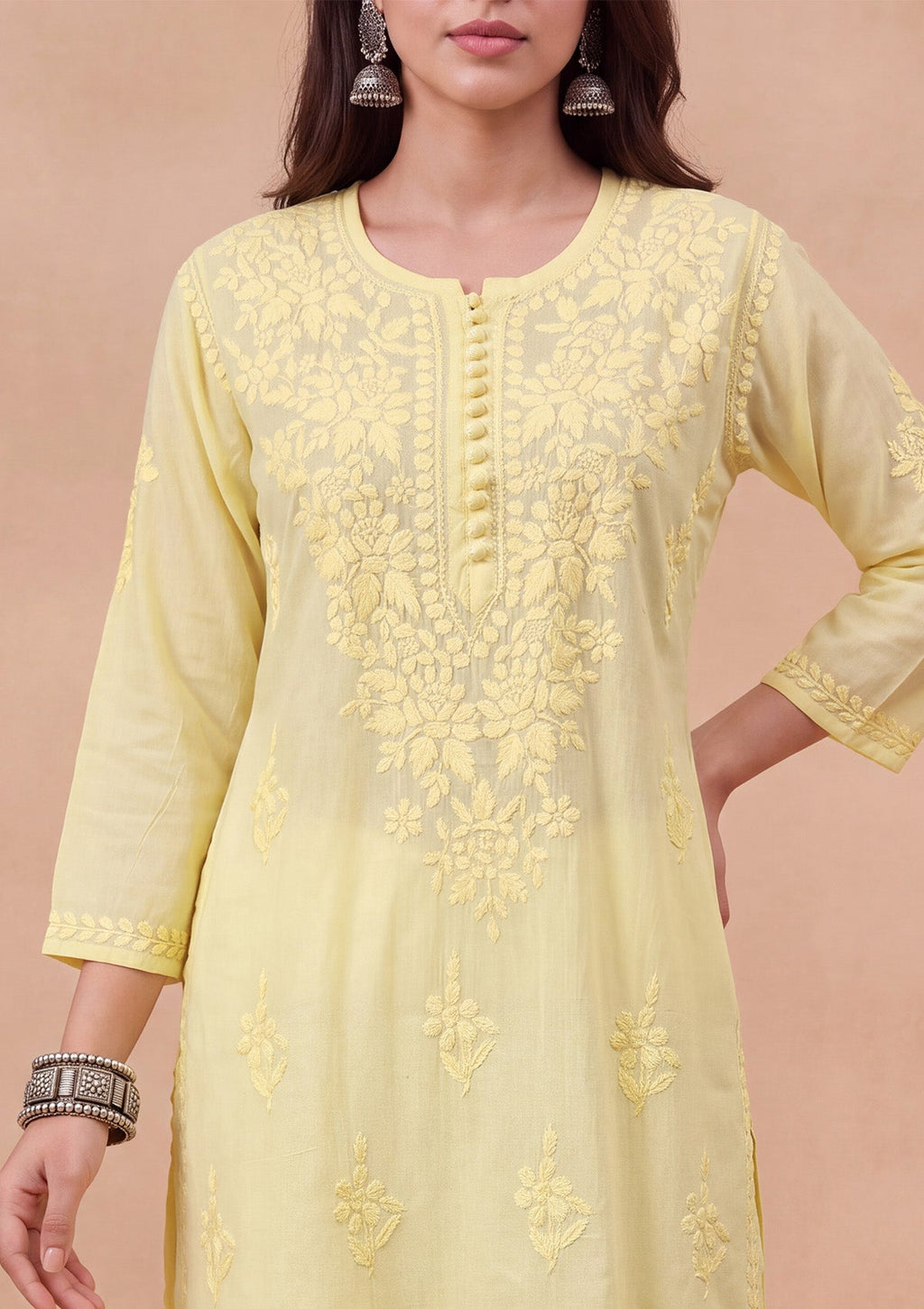 HOC Women Yellow Cotton Chikankari Kurta