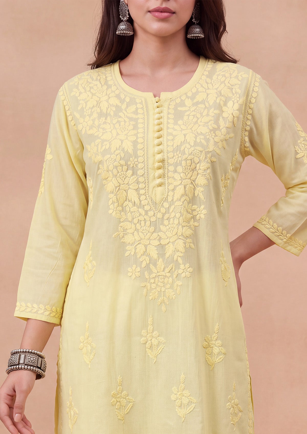HOC Women Yellow Cotton Chikankari Kurta