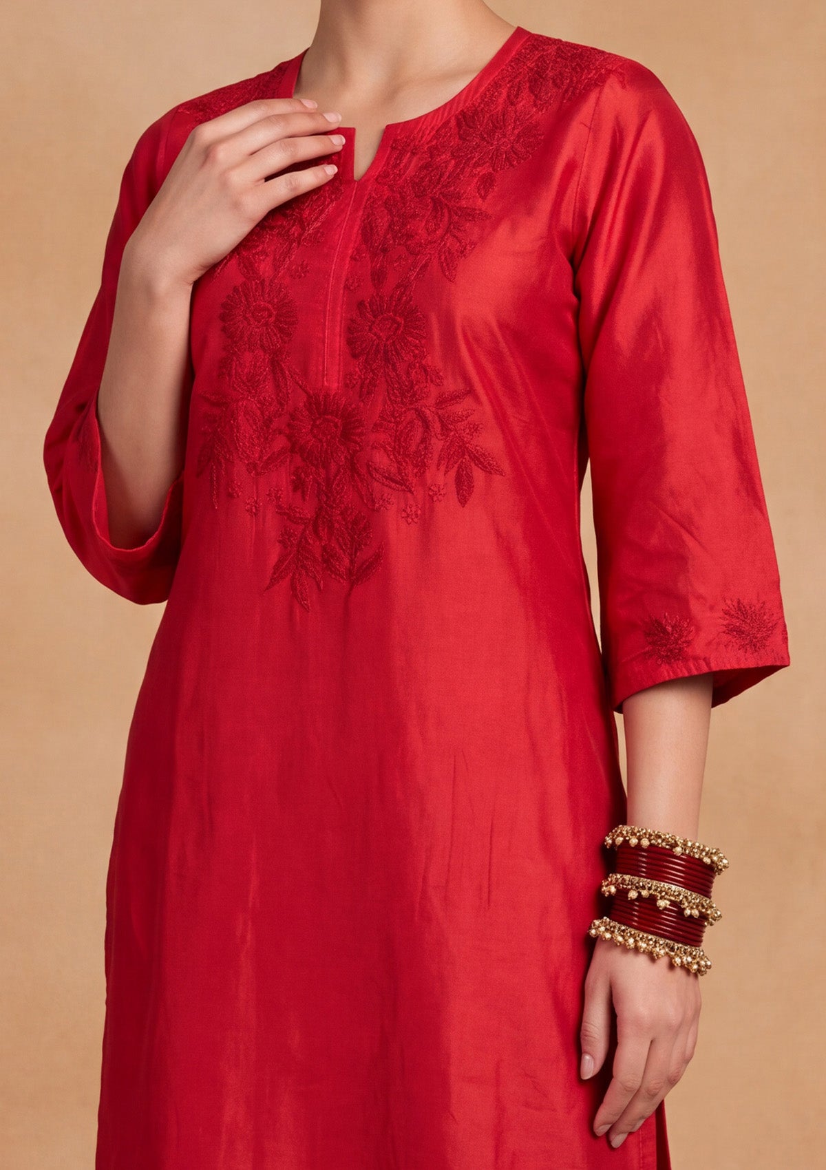 HOC Chikankari Ombre Women's Long Kurta -Red