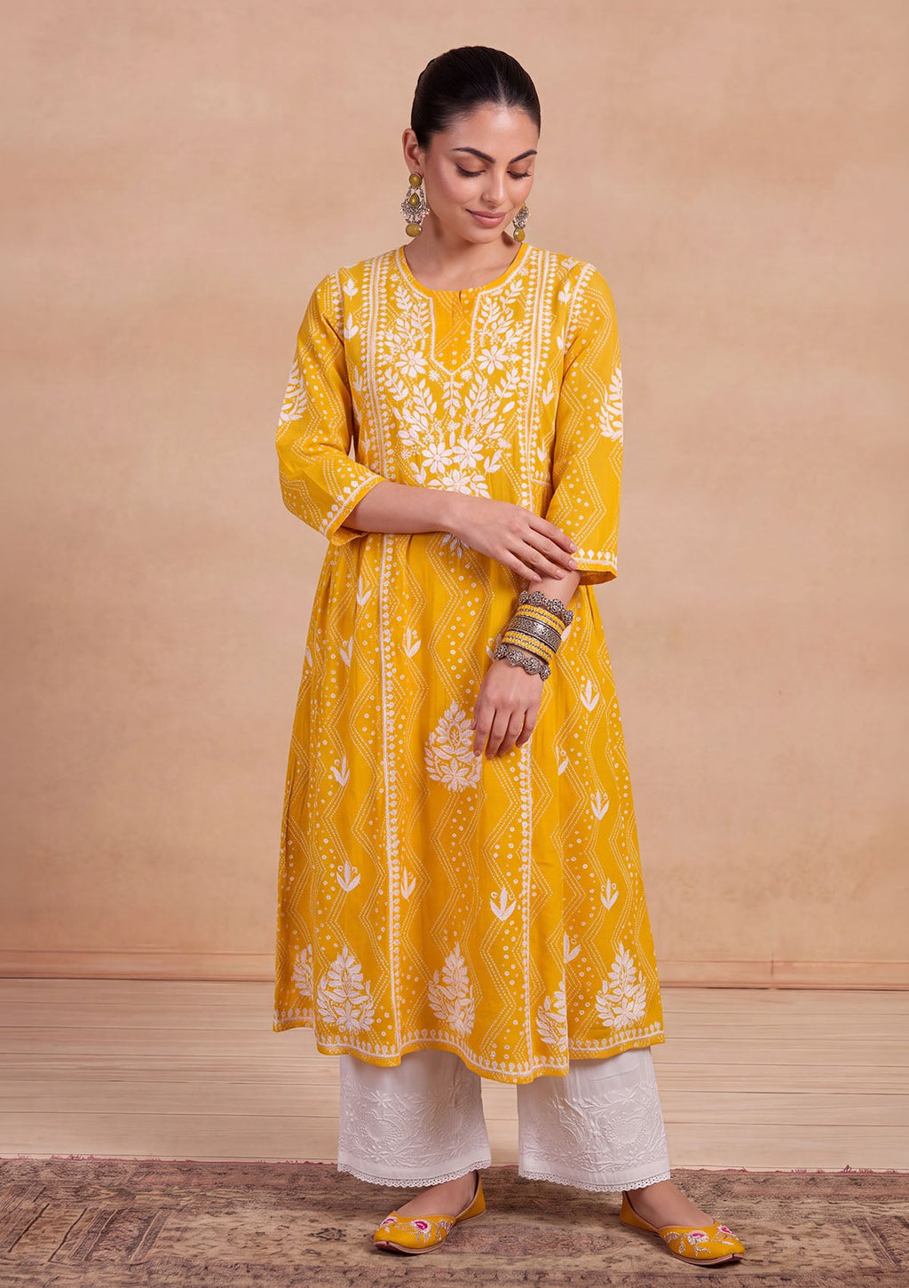 HOC Jugni Mulmul Chikankari Printed Women's Gown - Yellow